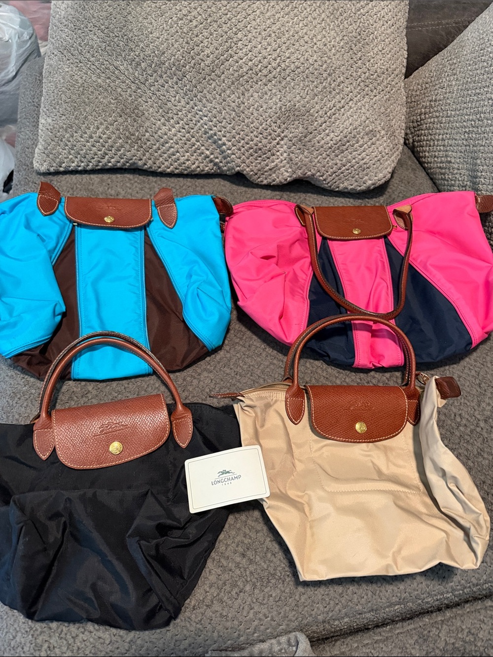 Longchamp Nylon Tote Set in Turquoise, Pink, Black, Beige
